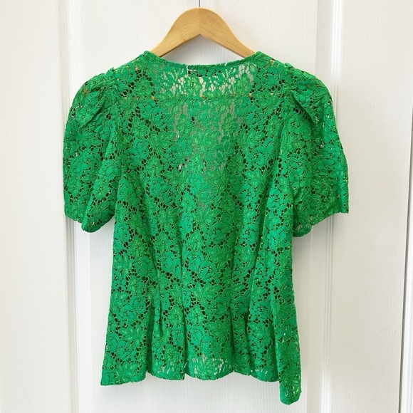 Zara Lace V-Neck Top Short Sleeve Rhinestone Button Blouse Green Size Small NWT - Picture 9 of 16